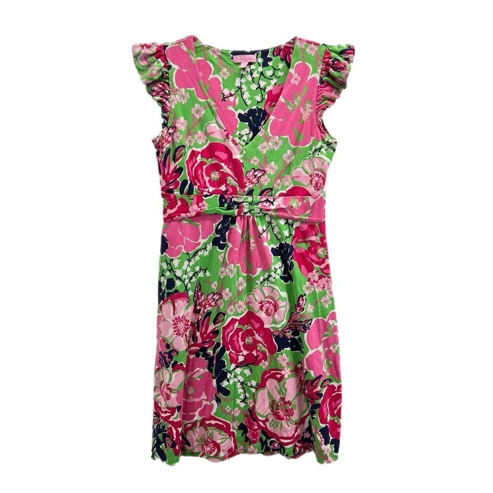 Lilly Pulitzer Pink Floral Ruffle Sleeve Dress SMALL Cotton Silk Blend